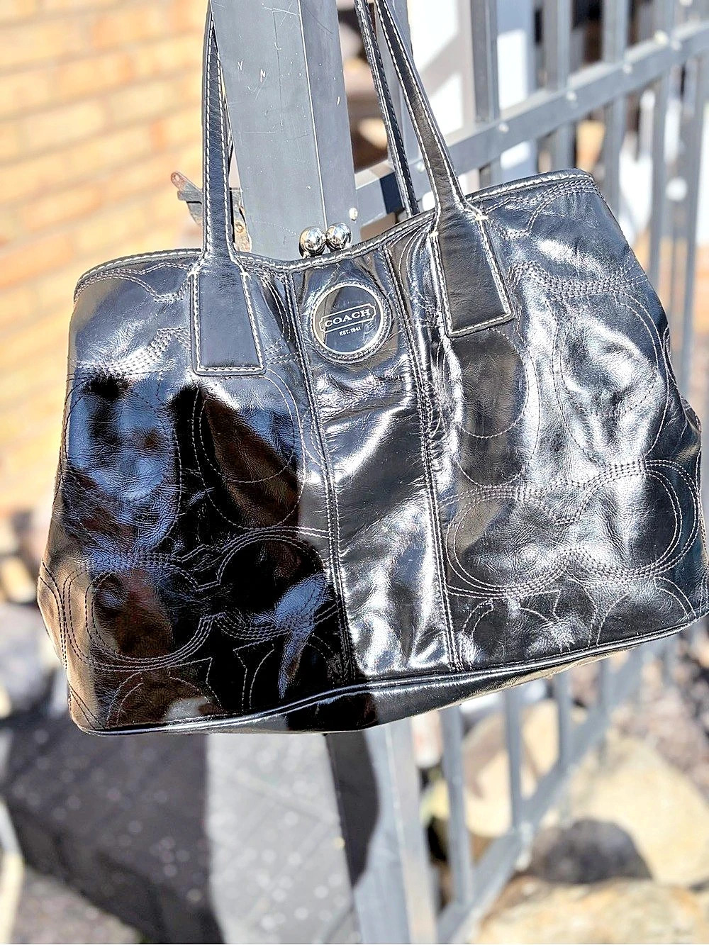 Coach Signature Stitched Patent Leather Kiss Lock Tote Black